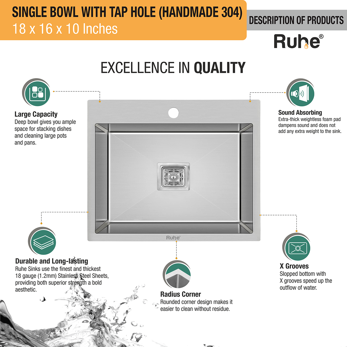 Handmade Single Bowl 304-Grade Kitchen Sink (18 x 16 x 10 Inches) with Tap Hole quality products