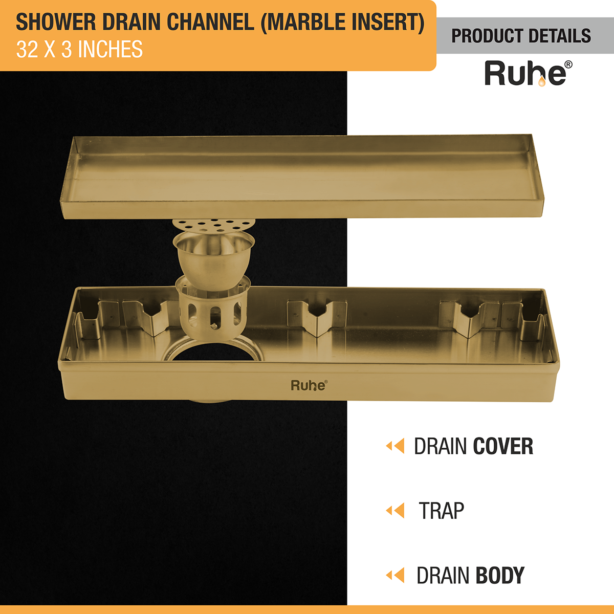 Marble Insert Shower Drain Channel (32 x 3 Inches) YELLOW GOLD PVD Coated with drain cover, trap, and drain body