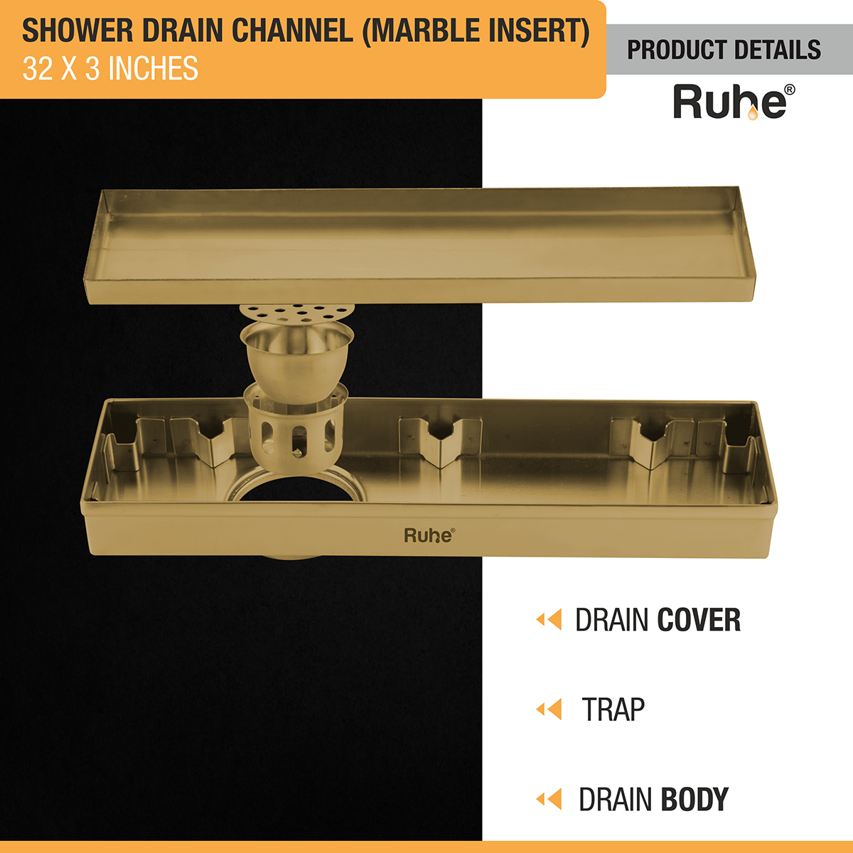 Marble Insert Shower Drain Channel (32 x 3 Inches) YELLOW GOLD PVD Coated - by Ruhe®