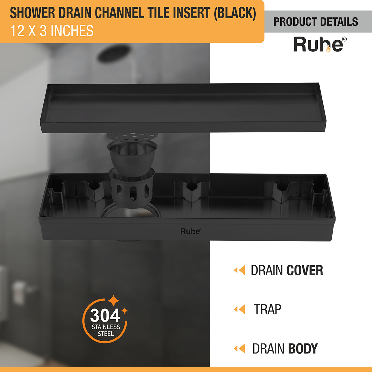 Tile Insert Shower Drain Channel (12 x 3 Inches) Black PVD Coated - by Ruhe®