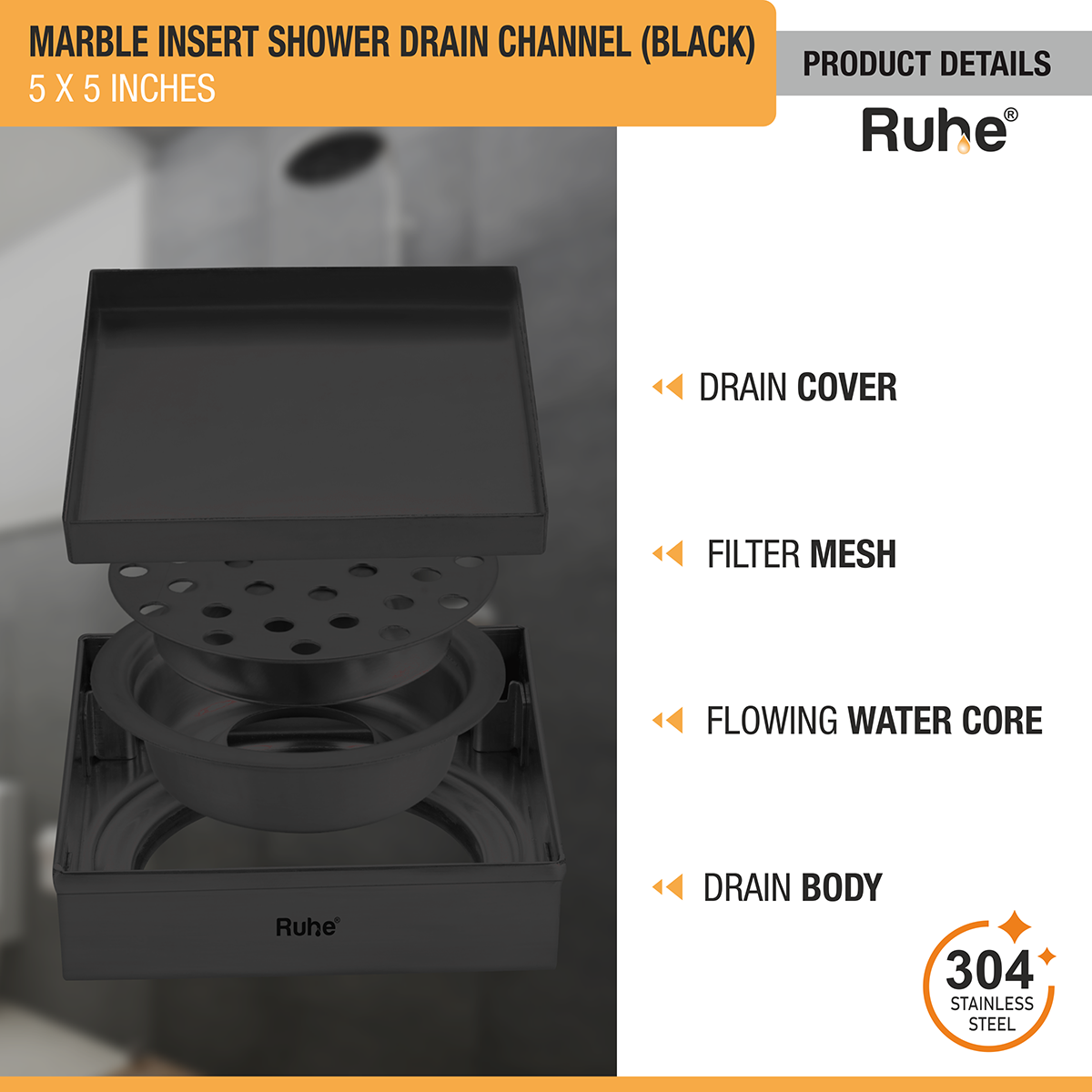Marble Insert Shower Drain Channel (5 x 5 Inches) Black PVD Coated with drain cover, filter mesh, flowing water core, drain body