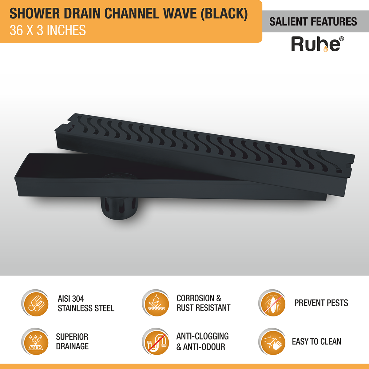 Wave Shower Drain Channel (36 x 3 Inches) Black PVD Coated - by Ruhe®