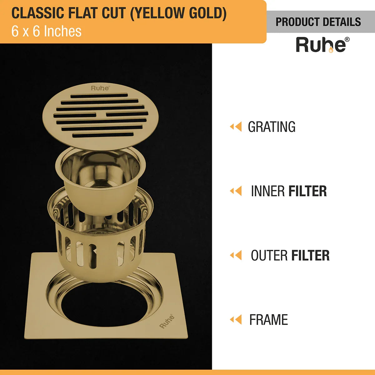 Classic Square Flat Cut Floor Drain in Yellow Gold PVD Coating (6 x 6 Inches) - by Ruhe