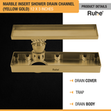 Marble Insert Shower Drain Channel (12 x 3 Inches) YELLOW GOLD PVD Coated with drain cover, trap, and drain body