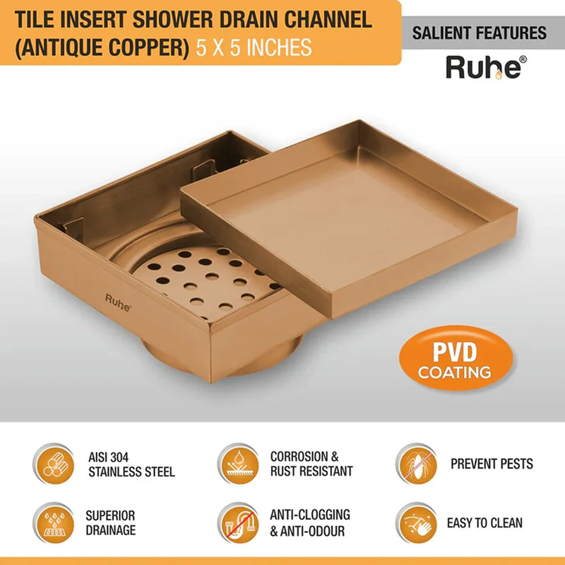 Tile-Insert Shower Drain Channel Coloured (4 x 4 Inches)