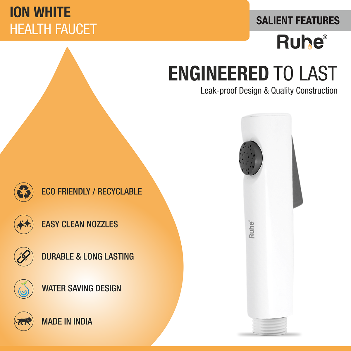 Ion White Health Faucet with Braided 1 Meter Flexible Hose (304 Grade) & Hook features and benefits