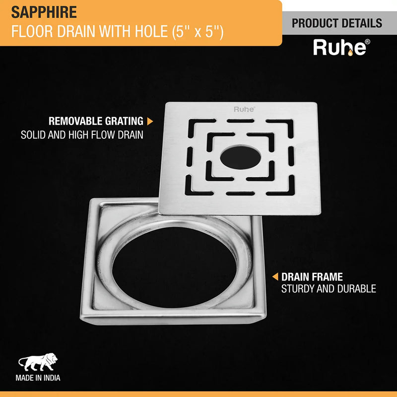 Sapphire Square 304-Grade Floor Drain with Hole (5 x 5 Inches) - by Ruhe