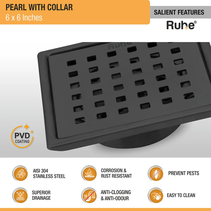 Pearl Square 304-Grade Floor Drain in Black PVD Coating (6 x 6 Inches) - by Ruhe