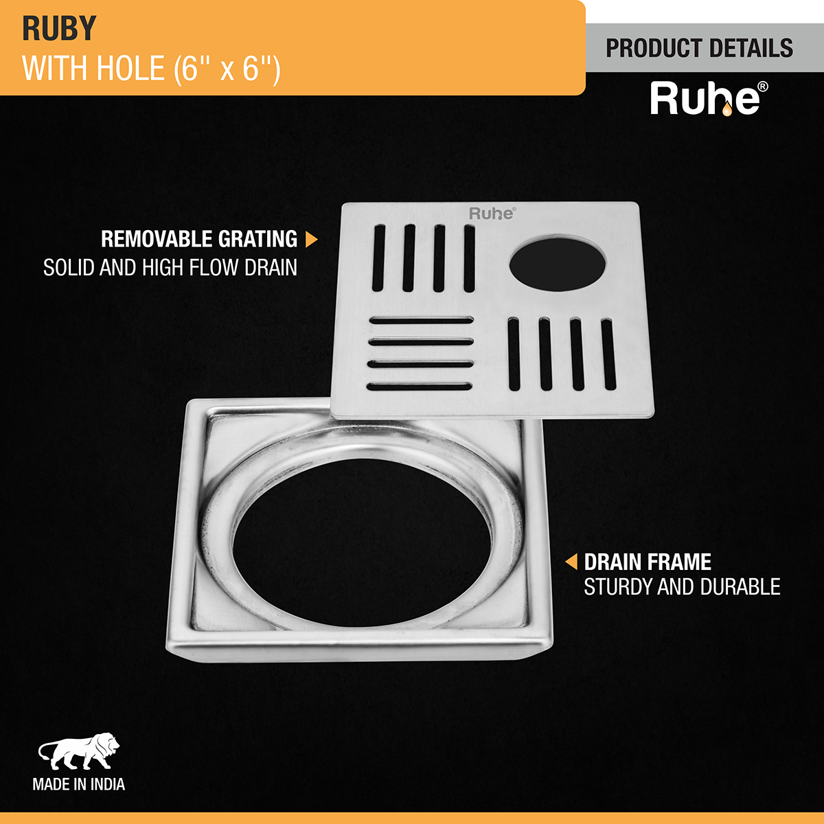 Ruby Square 304 Grade Floor Drain with Hole (6 x 6 Inches) - by Ruhe