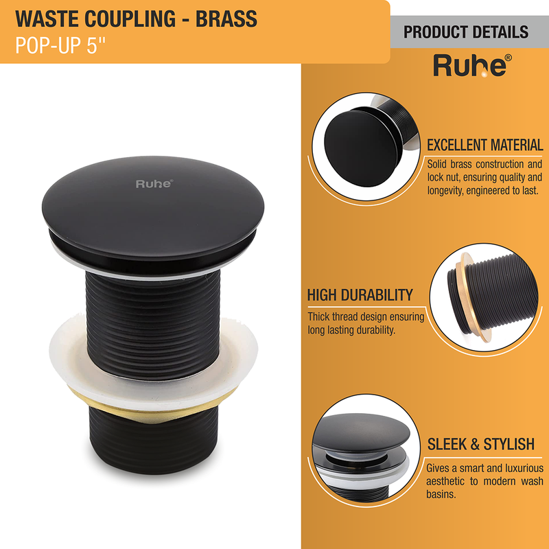 Pop-up Waste Coupling in Matte Black PVD Coating (5 Inches) - by Ruhe