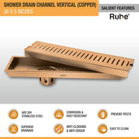 Vertical Shower Drain Channel (36 x 5 Inches) Antique Copper PVD Coated - by Ruhe