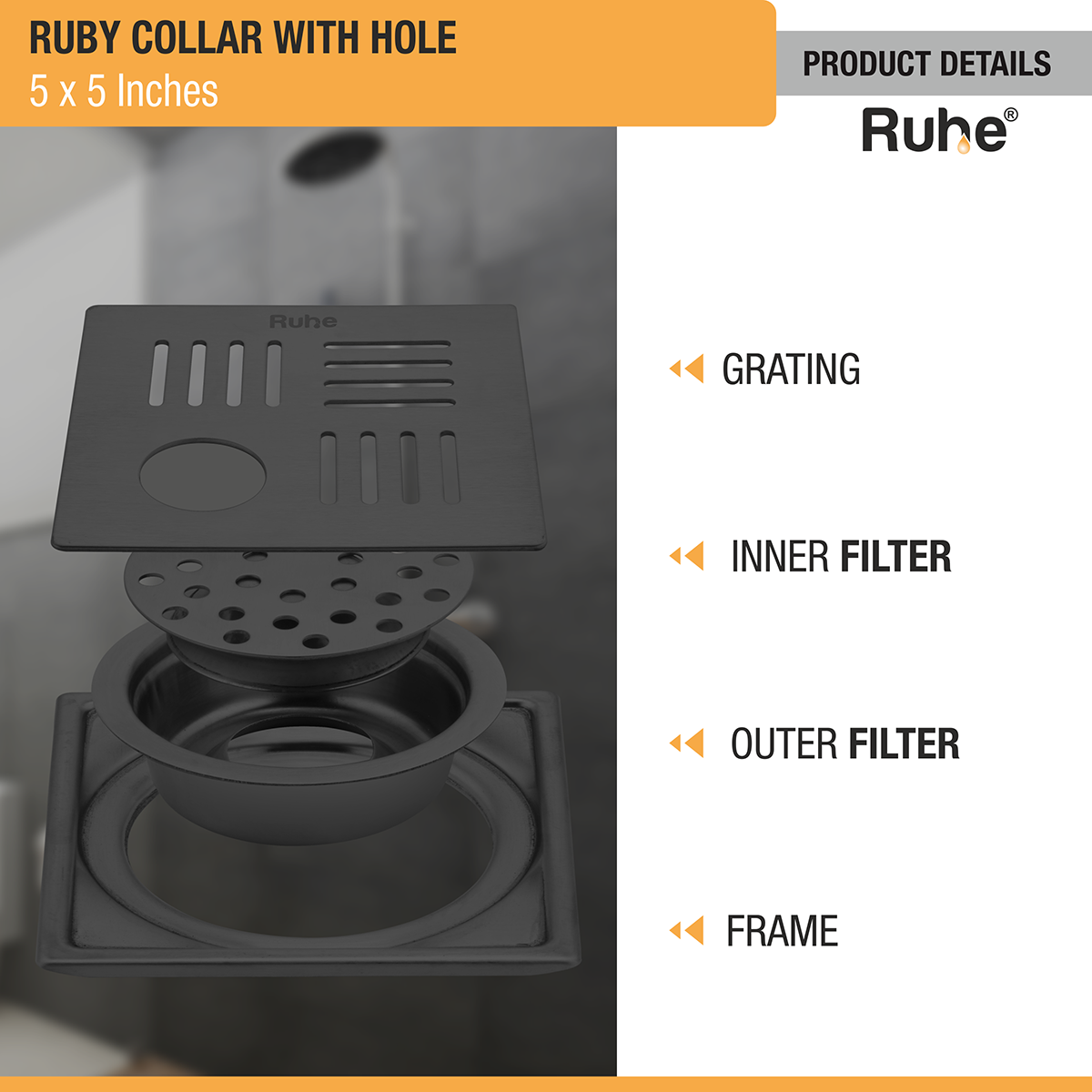 Ruby Square 304-Grade Floor Drain in Black PVD Coating (5 x 5 Inches) with Hole - by Ruhe