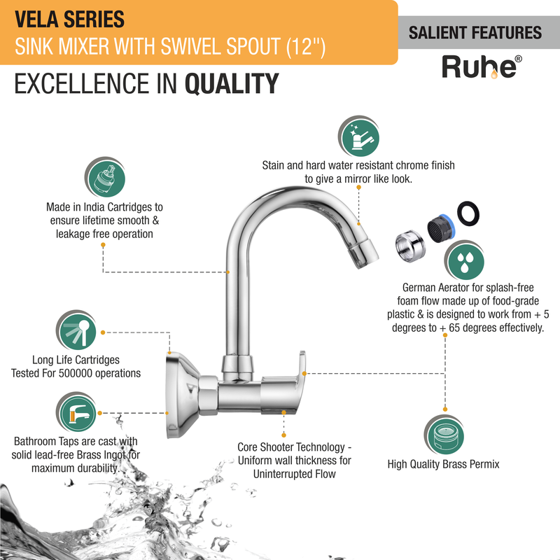 Vela Wall Mount Kitchen Sink Mixer Tap with Swivel Spout