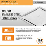 Diamond Square Flat Cut 304-Grade Floor Drain (5 x 5 Inches) - by Ruhe