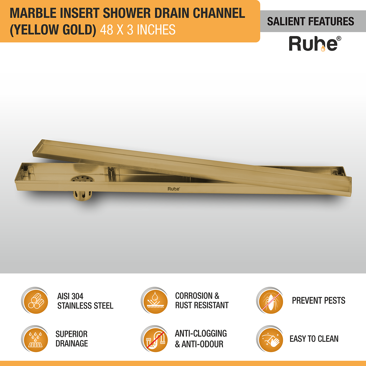 Marble Insert Shower Drain Channel (48 x 3 Inches) YELLOW GOLD PVD Coated - by Ruhe®