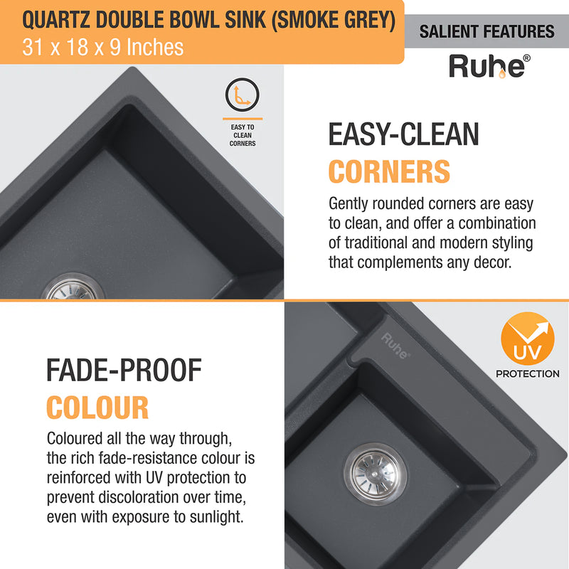 Quartz Double Bowl Kitchen Sink (31 x 18 x 9 Inches)