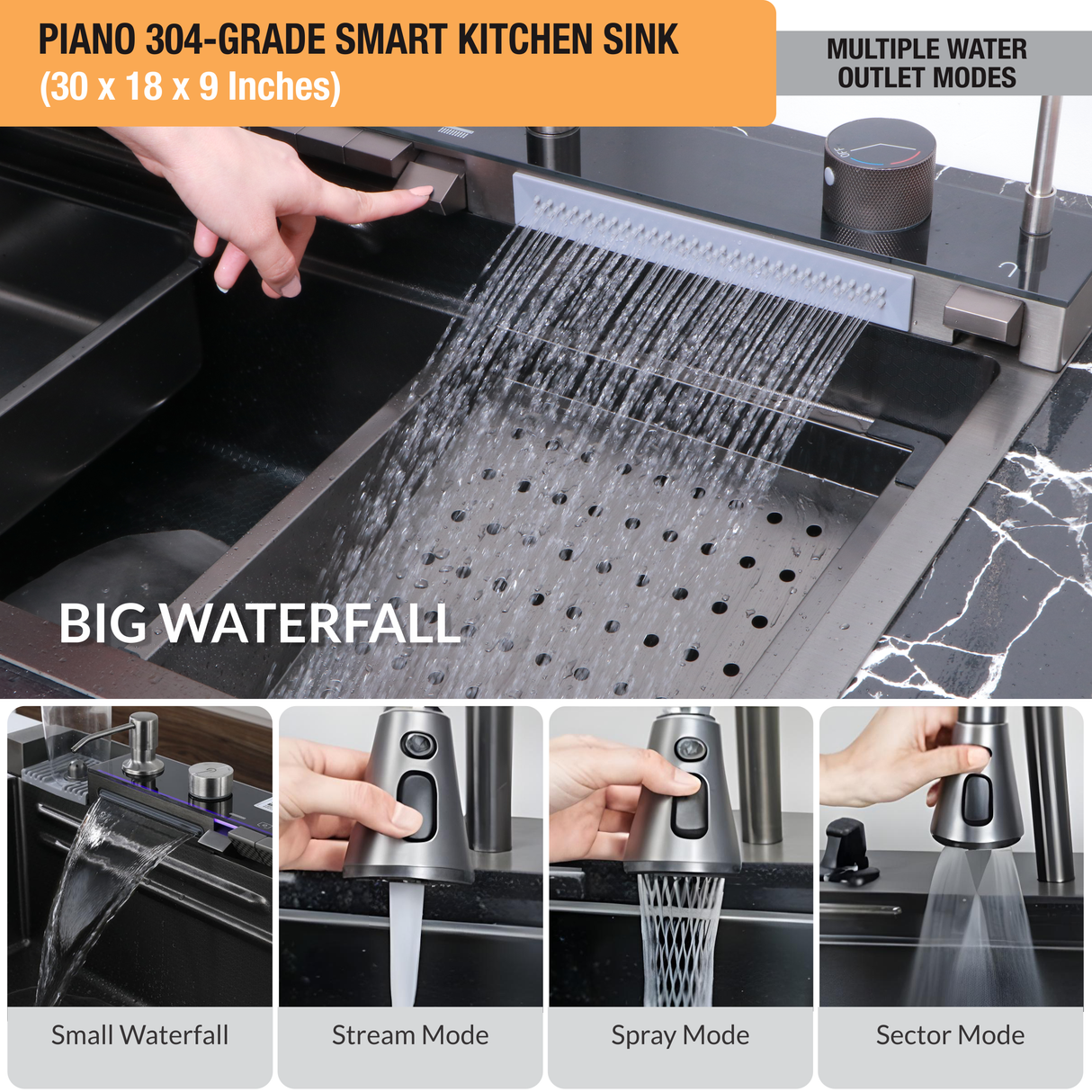 Piano 304-Grade Kitchen Sink with Integrated Waterfalls, Digital Display, Pull-Out & RO Faucet (30 x 18 x 9 Inches)  - by Ruhe