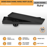 Marble Insert Shower Drain Channel (32 x 5 Inches) Black PVD Coated - by Ruhe®