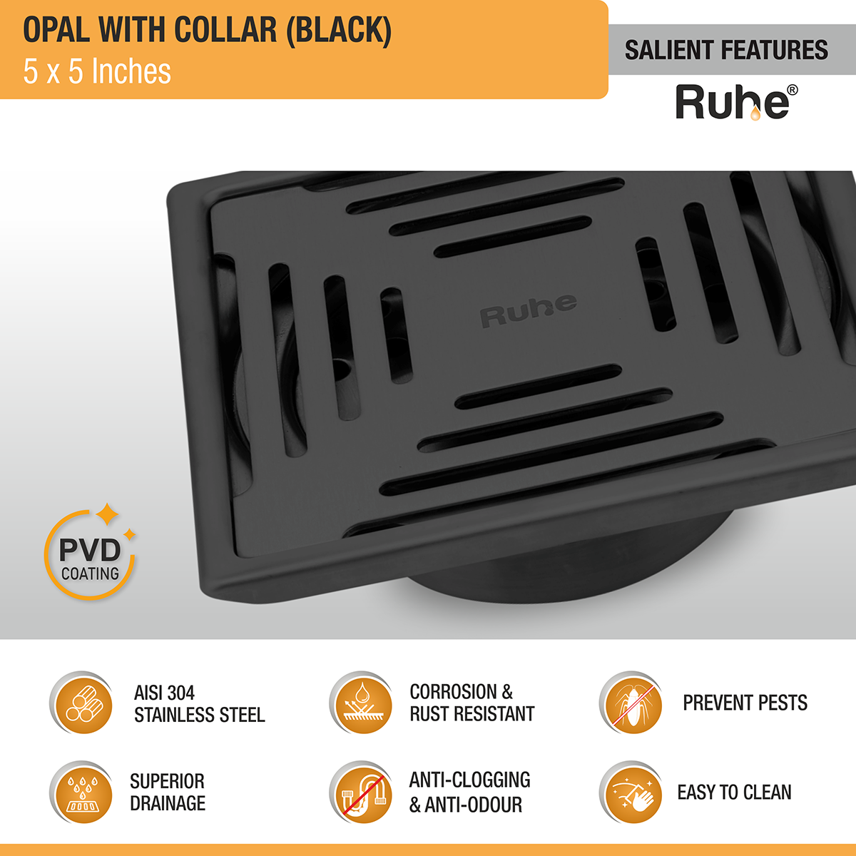 Opal Square 304-Grade Floor Drain in Black PVD Coating (5 x 5 Inches) - by Ruhe