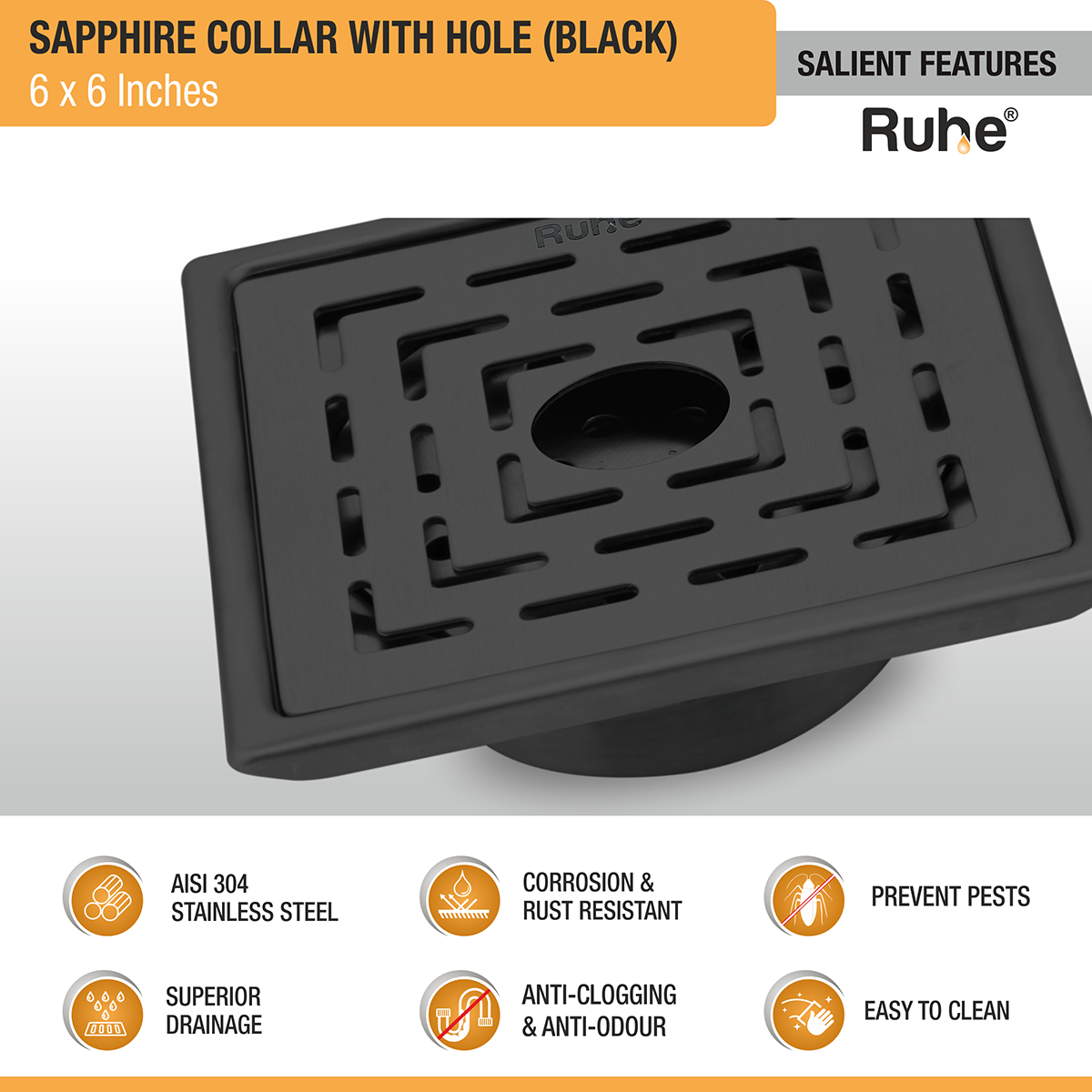 Sapphire Square 304-Grade Floor Drain in Black PVD Coating (6 x 6 Inches) with Hole - by Ruhe