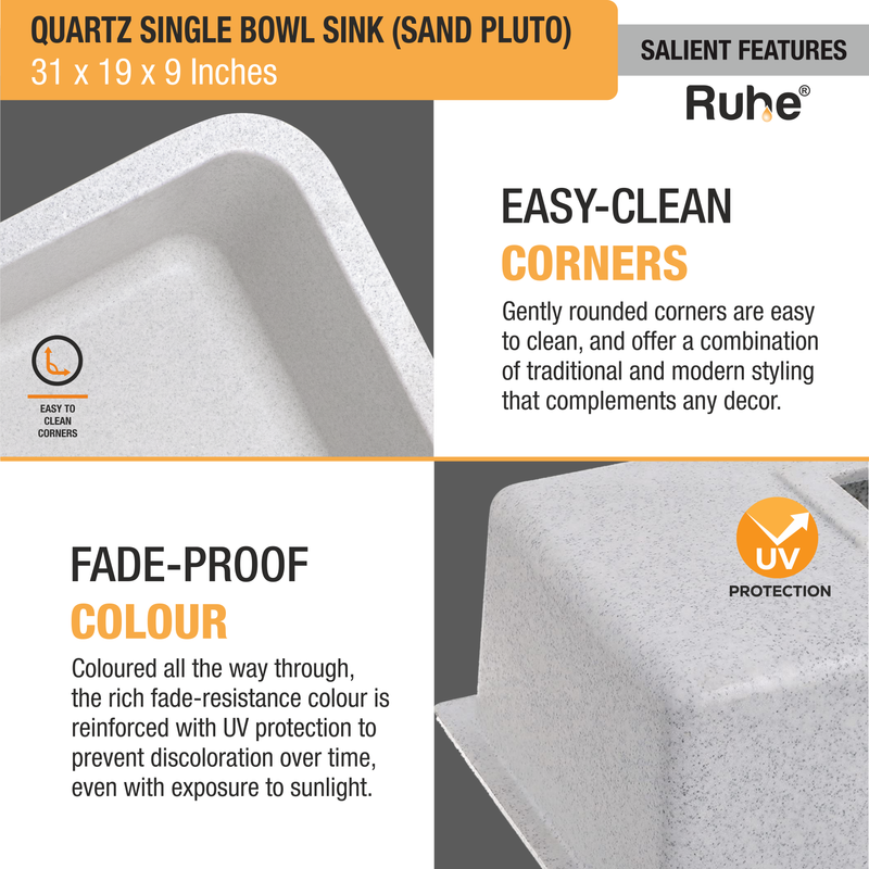 Quartz Single Bowl Sand Pluto Kitchen Sink (31 x 19 x 9 Inches)