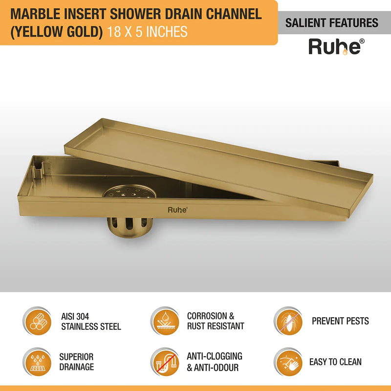Marble Insert Shower Drain Channel (18 x 5 Inches) YELLOW GOLD PVD Coated - by Ruhe