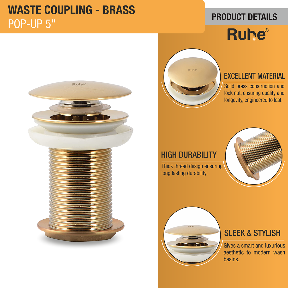 Pop-up Waste Coupling in Yellow Gold PVD Coating (5 Inches) - by Ruhe