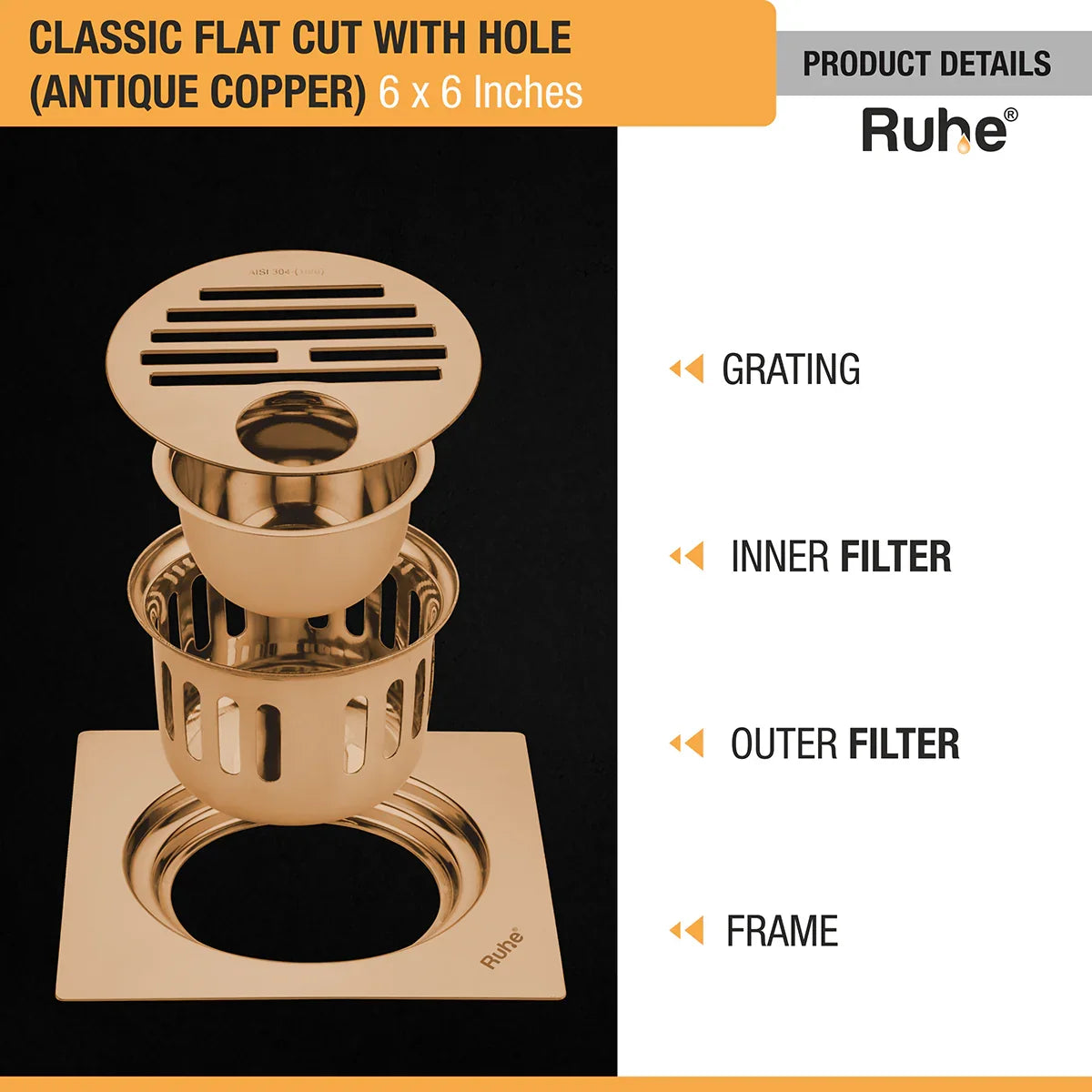 Classic Square Flat Cut Floor Drain in Antique Copper PVD Coating (6 x 6 Inches) with Hole - by Ruhe