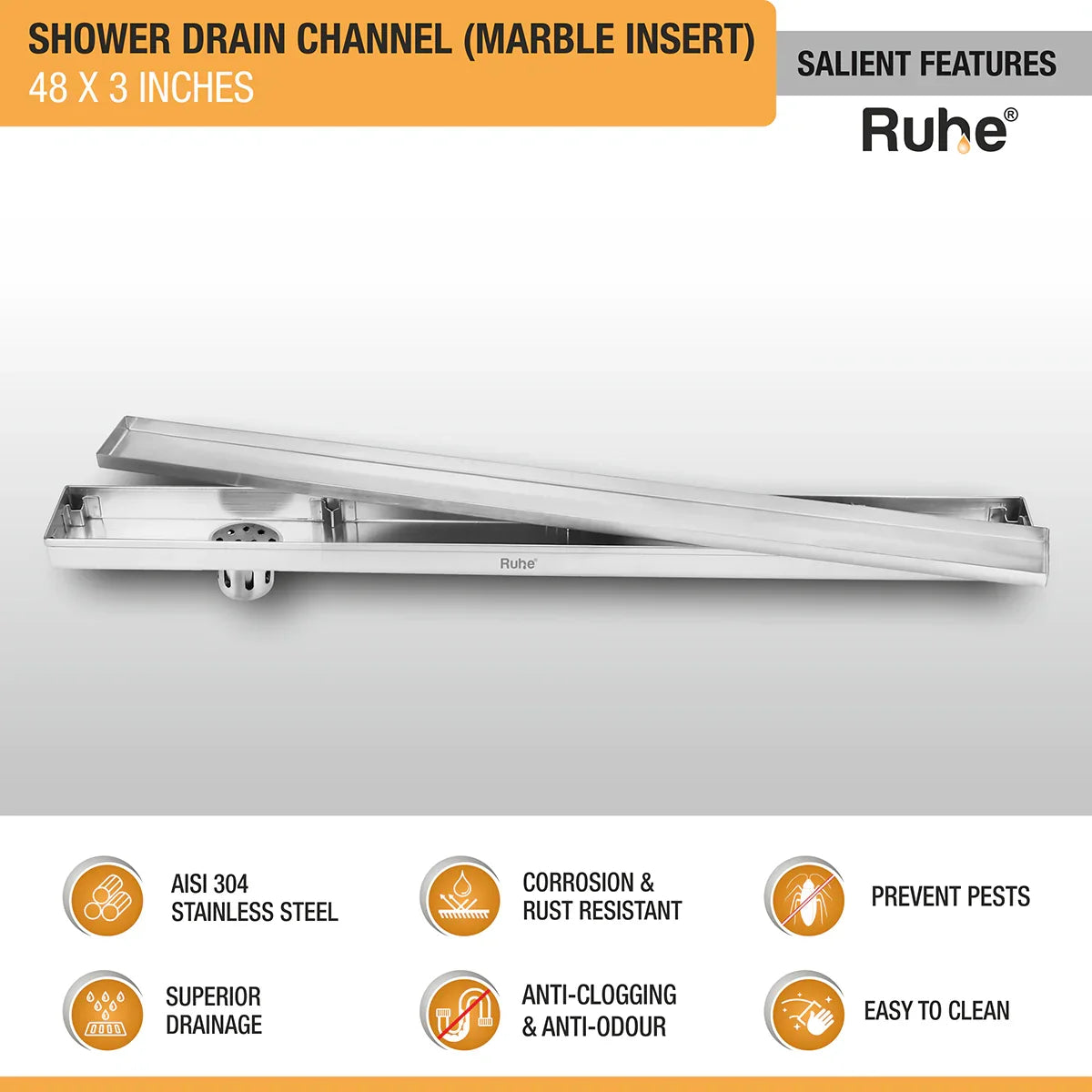 Marble-Insert Shower Drain Channel (3 Inches)