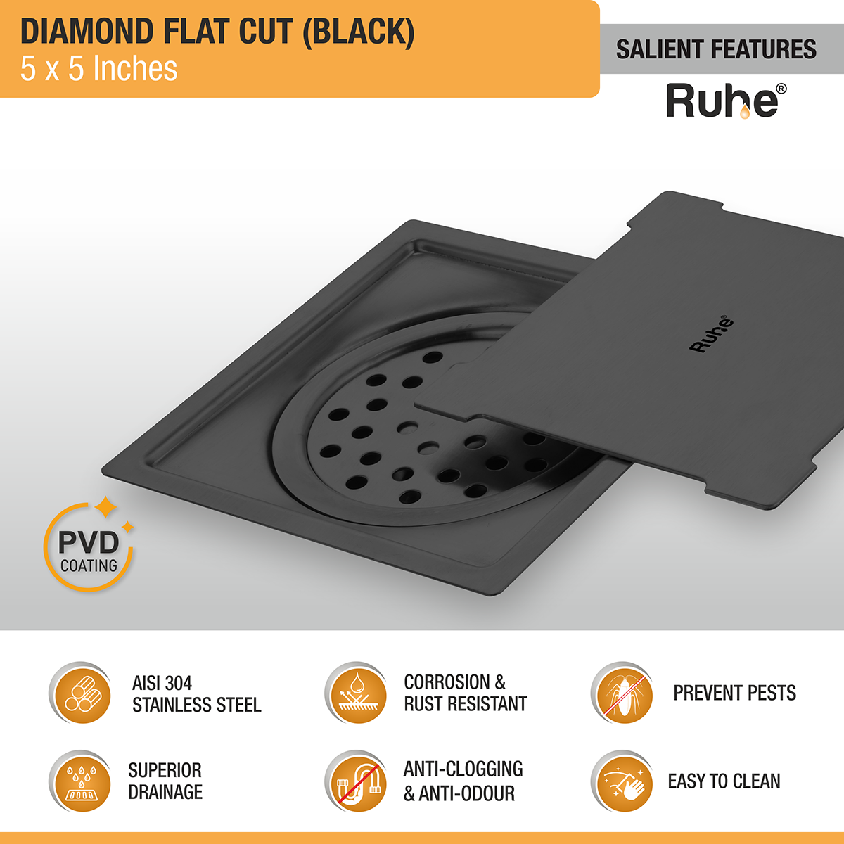 Diamond Square Flat Cut Floor Drain in Black PVD Coating (5 x 5 Inches) - by Ruhe