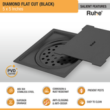 Diamond Square Flat Cut Floor Drain in Black PVD Coating (5 x 5 Inches) - by Ruhe