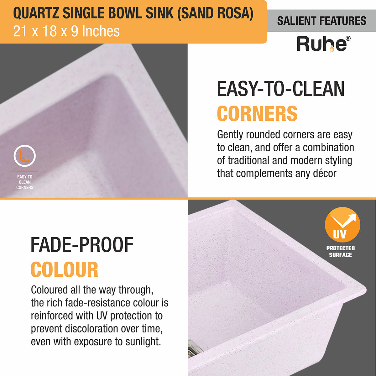 Quartz Sand Rosa Single Bowl Kitchen Sink (21 x 18 x 9 inches) easy to clean and pade proof