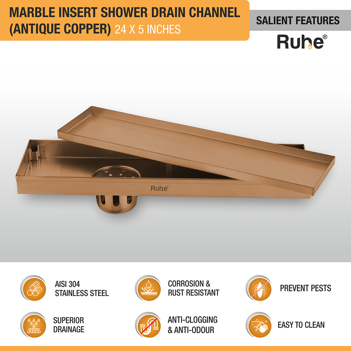 Marble Insert Shower Drain Channel (24 x 5 Inches) ROSE GOLD PVD Coated features and benefits