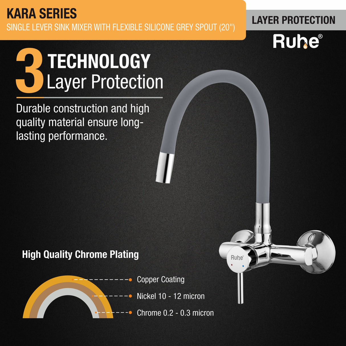 Kara Single Lever Wall-mount Sink Mixer Brass Faucet with Grey Silicone Spout - by Ruhe®