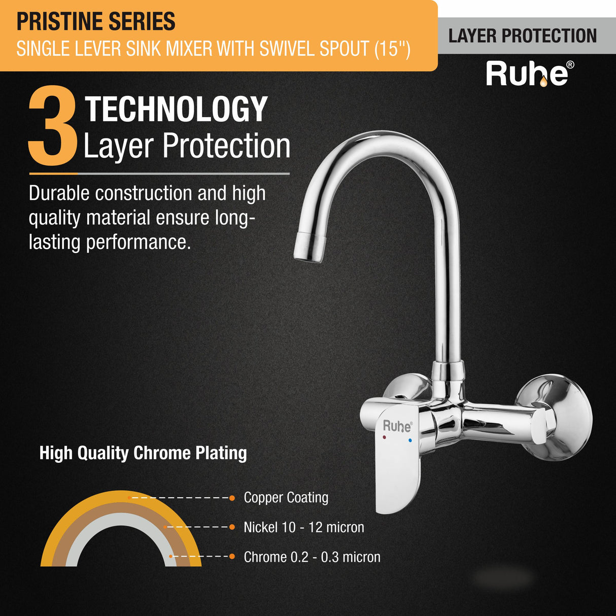 Pristine Single Lever Wall-mount Brass Mixer Faucet with Swivel Spout (15 Inches) - by Ruhe®