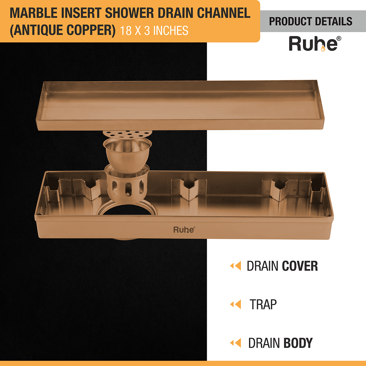 Marble Insert Shower Drain Channel (18 x 3 Inches) ROSE GOLD PVD Coated with drain cover, trap, and drain body