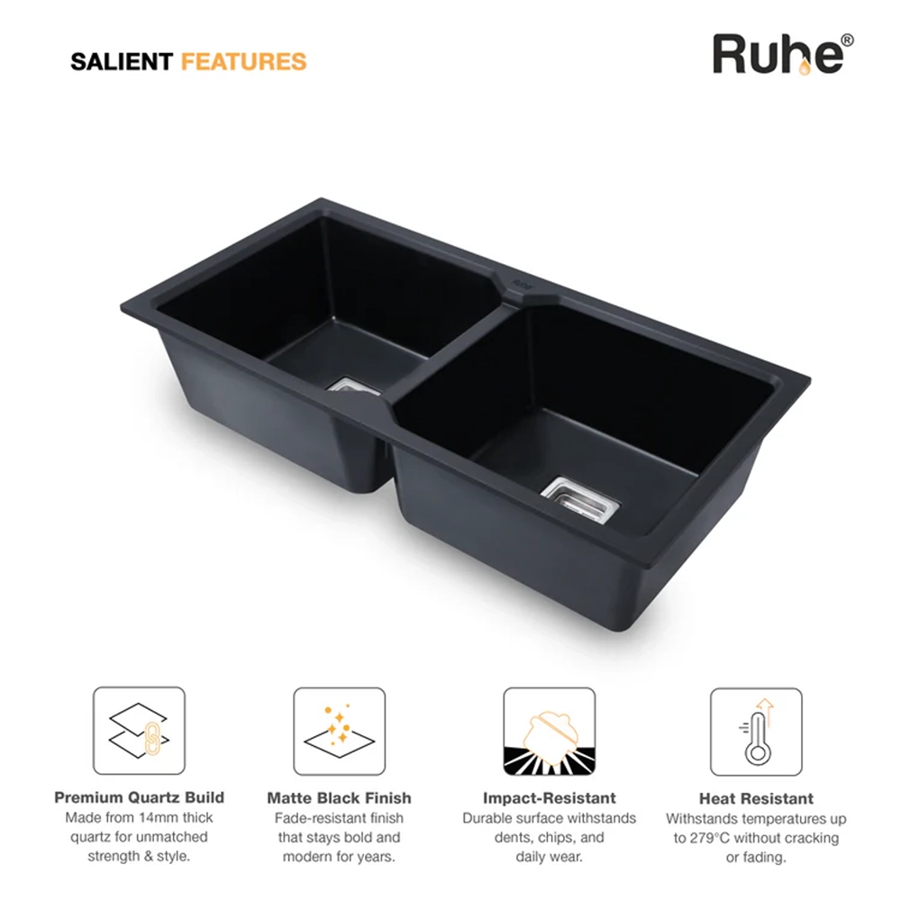 Quartz Double Bowl Black Kitchen Sink (37 x 18 x 9 Inches)