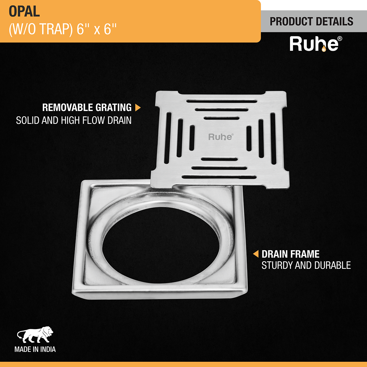 Opal Square 304-Grade Floor Drain (6 x 6 Inches) - by Ruhe