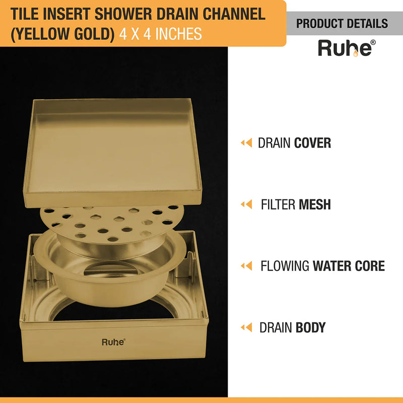 Tile Insert Shower Drain Channel (4 x 4 Inches) YELLOW GOLD PVD Coated - by Ruhe