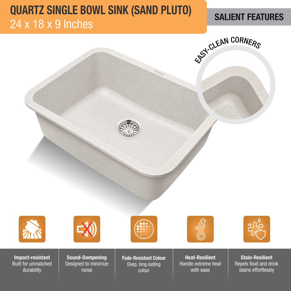 Quartz Single Bowl Grey Stone Round Kitchen Sink (24 x 18 x 9 Inches)