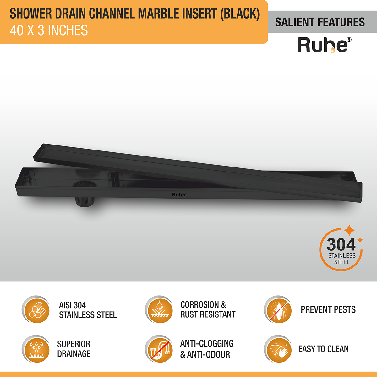 Marble Insert Shower Drain Channel (40 x 3 Inches) Black PVD Coated - by Ruhe®