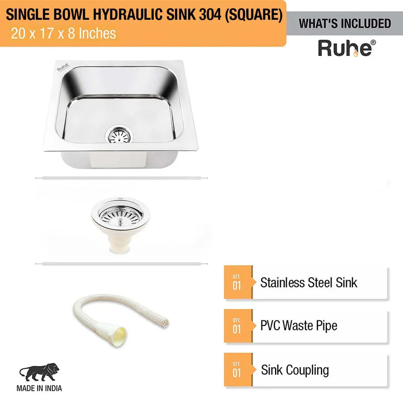 Single Bowl Kitchen Sink 304-Grade (20 x 17 x 8 Inches)