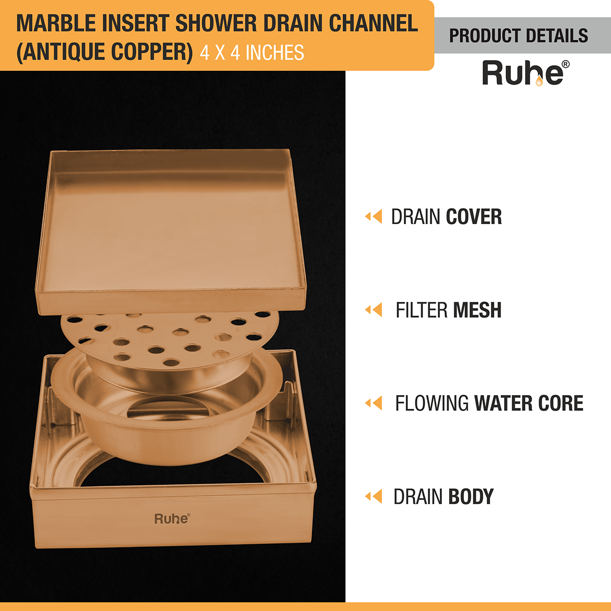 Marble Insert Shower Drain Channel (4 x 4 Inches) ROSE GOLD PVD Coated - by Ruhe®