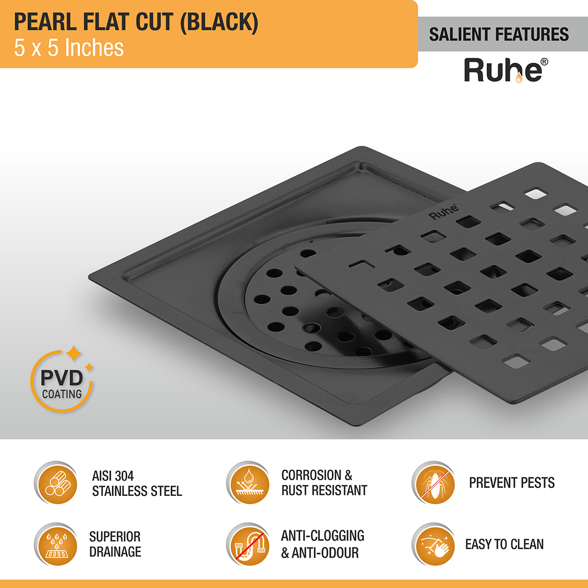 Pearl Square Flat Cut Floor Drain in Black PVD Coating (5 x 5 Inches) - by Ruhe