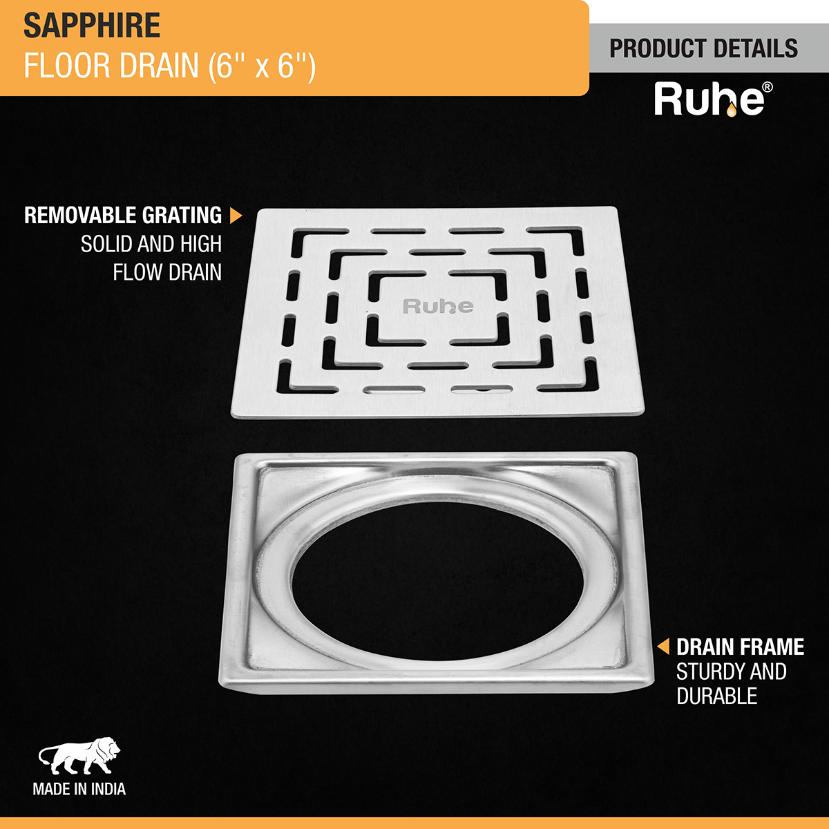 Sapphire Square 304-Grade Floor Drain (6 x 6 Inches) - by Ruhe