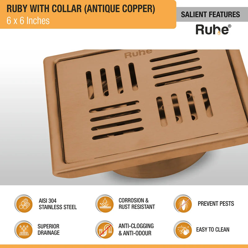 Ruby Square Flat Cut Antique Copper Floor Drain