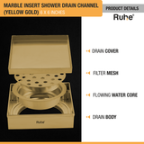 Marble Insert Shower Drain Channel (6 x 6 Inches) YELLOW GOLD PVD Coated with drain cover, filter mesh, drain body