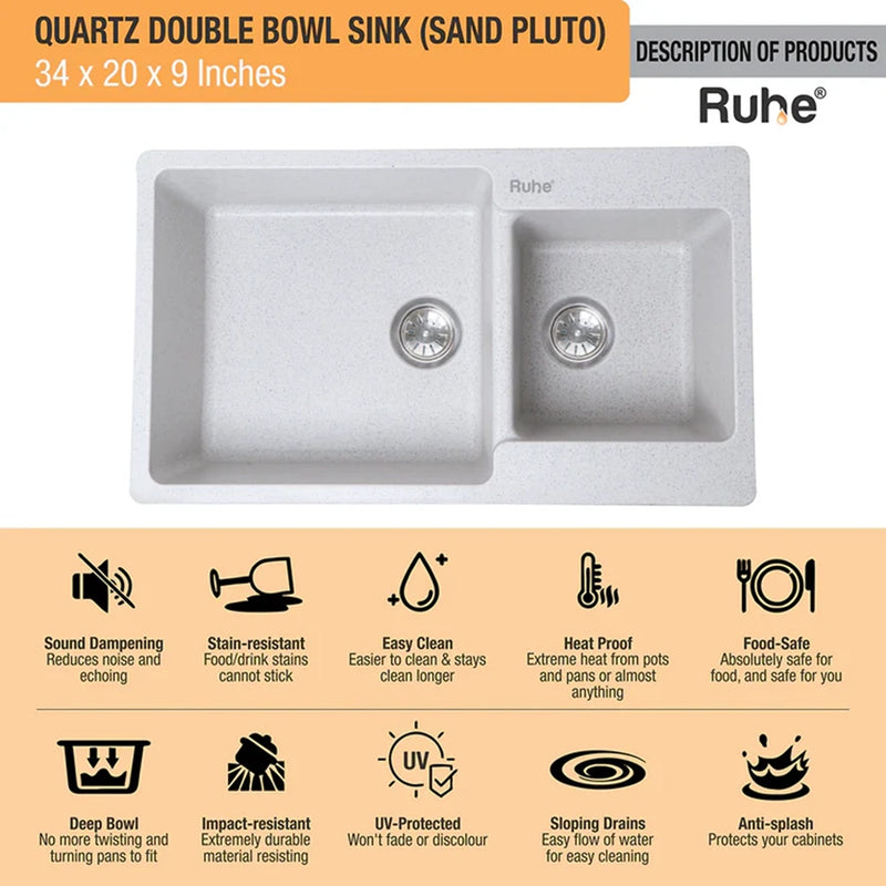 Quartz Double Bowl Kitchen Sink (34 x 20 x 9 inches)