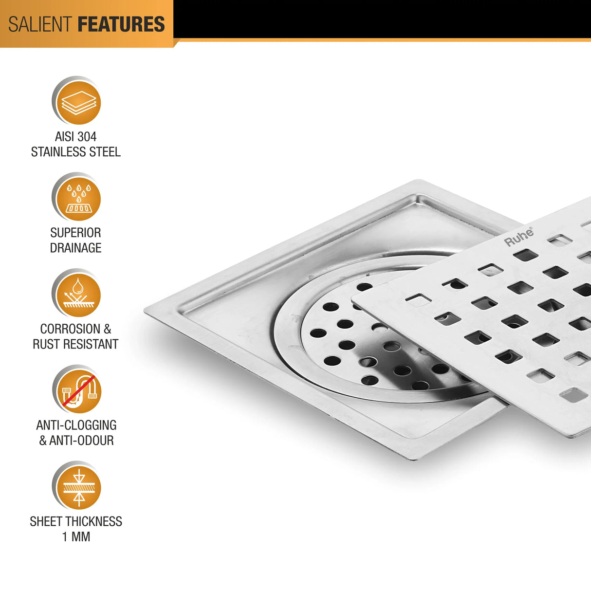 Pearl Square Flat Cut Floor Drain