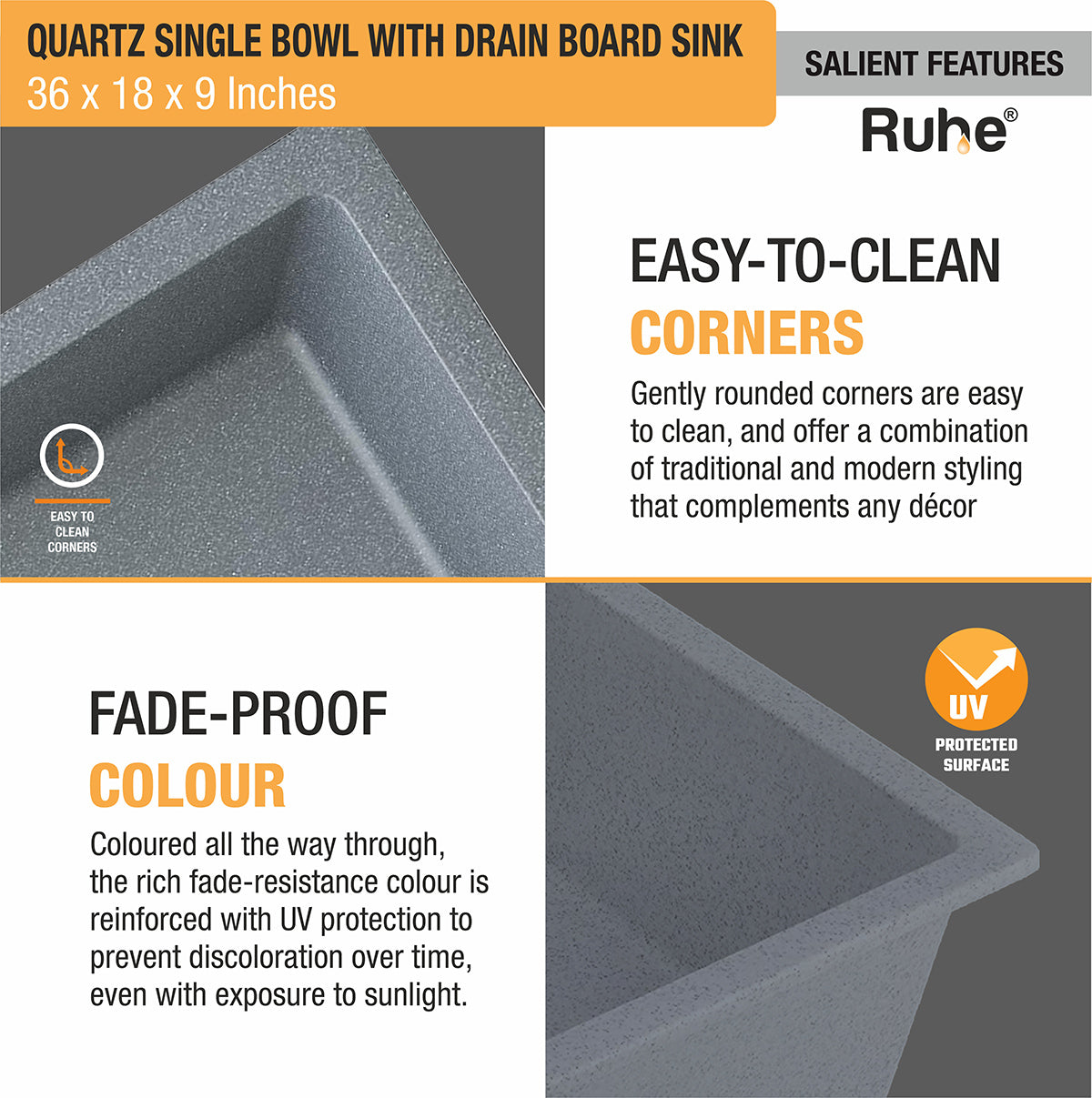 Quartz Single Bowl Smoke Grey Kitchen Sink with Drainboard (36 x 18 x 9 inches) easy to clean, fade proof